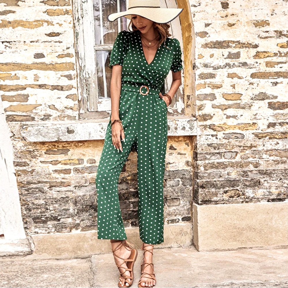 Green Polka Dot Flounce Sleeve Cropped Jumpsuit